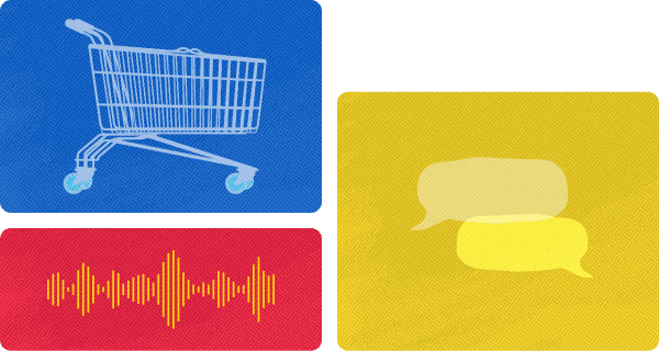 grid de imagens mostrando: carda azul: ilustração de carrinho, card vermelho: mostrando ilustração de audio, card amarelo: ilustração de chat/podcast